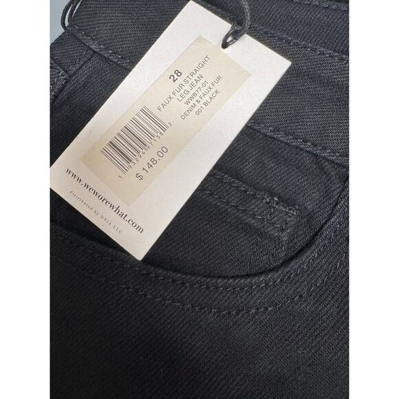 WeWoreWhat Black Denim Pants with Brown Fur Cuffs Size 28 New With Tags - Picture 4 of 6
